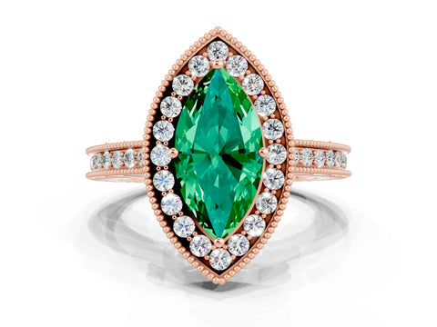 Rose gold Marquise Cut Halo Diamond Engagement Ring with Milgrain Pave Band and Four-Prong Setting
