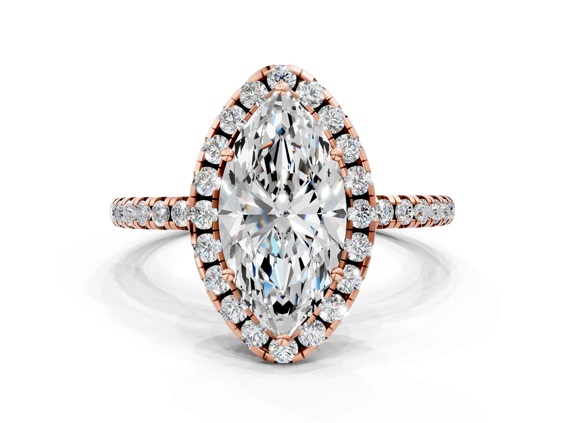 Rose gold Marquise Cut Halo Diamond Engagement Ring with Pave Band and Four-Prong Setting_19