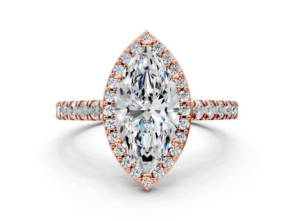 Rose gold Marquise Cut Halo Diamond Engagement Ring with Pave Band and Four-Prong Setting