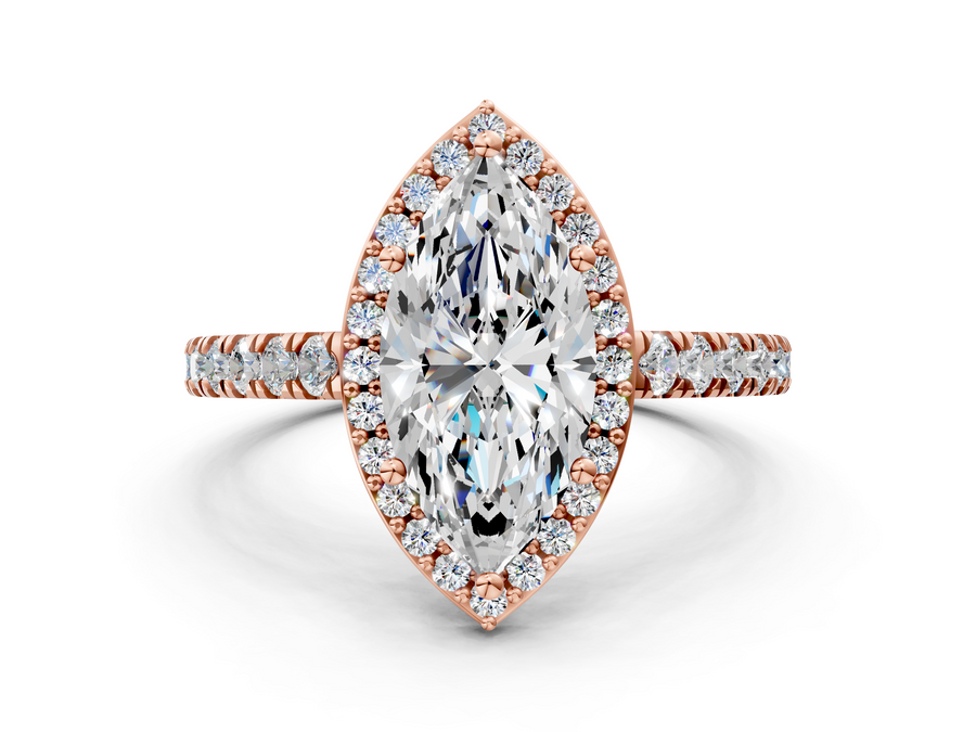 Rose gold Marquise Cut Halo Diamond Engagement Ring with Pave Band and Four-Prong Setting