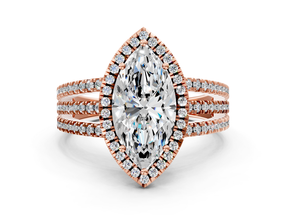 Rose gold Marquise Cut Halo Diamond Engagement Ring with Split Shank and Four-Prong Setting_20