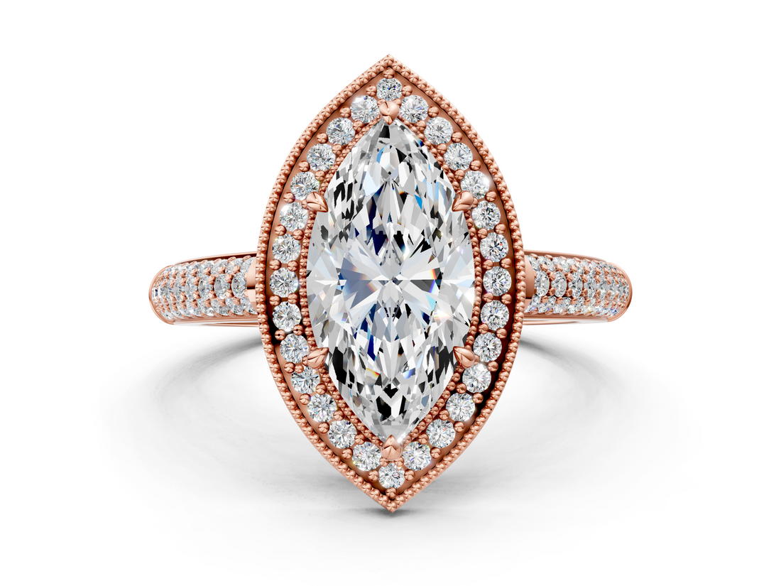 Rose gold Marquise Cut Halo Diamond Pave Band with Four-Prong Setting_43