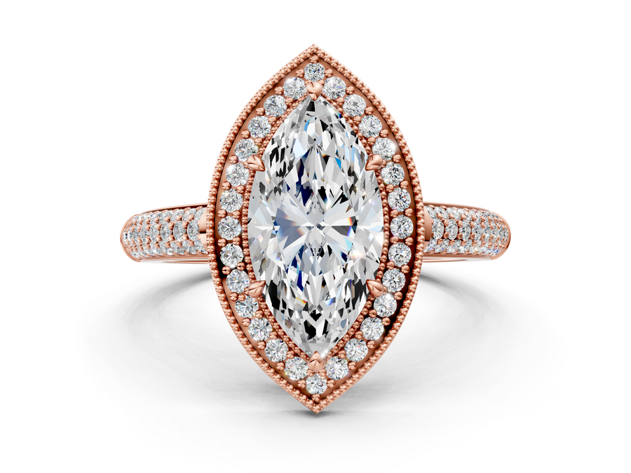 Rose gold Marquise Cut Halo Diamond Pave Band with Four-Prong Setting