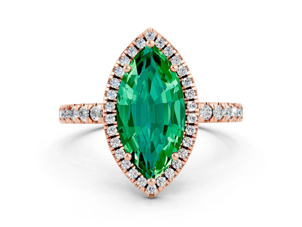 Rose gold Marquise Cut Emerald Classic Halo Engagement Ring with Round Pavé Band and Prong Setting
