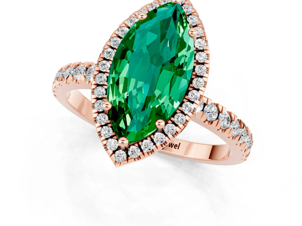 Rose gold Marquise Cut Emerald Classic Halo Engagement Ring with Round Pavé Band and Prong Setting