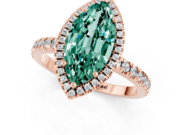 Rose gold Marquise Cut Green Sapphire Classic Halo Engagement Ring with Round Pavé Band and Prong Setting