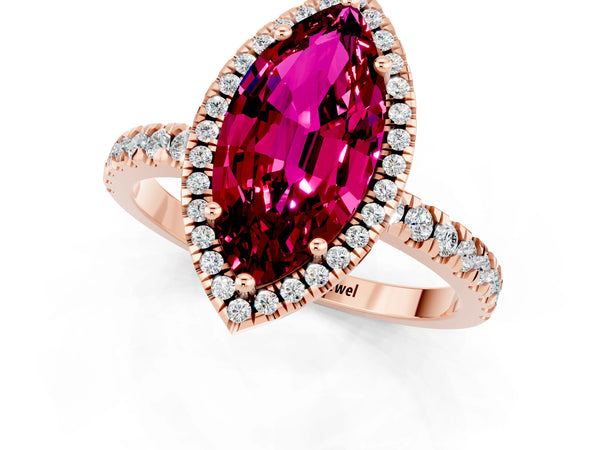 Rose gold Marquise Cut Garnet Classic Halo Engagement Ring with Round Pavé Band and Prong Setting