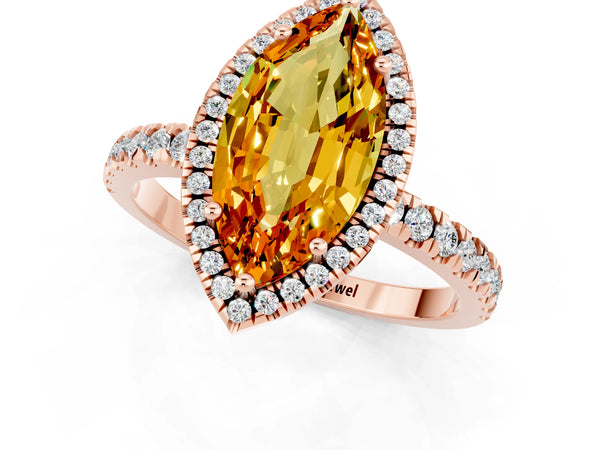 Rose gold Marquise Cut Citrine Classic Halo Engagement Ring with Round Pavé Band and Prong Setting