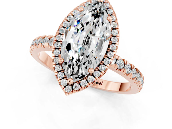 Rose gold Marquise Cut Moissanite Classic Halo Engagement Ring with Round Pavé Band and Prong Setting