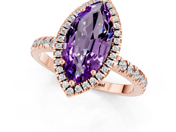 Rose gold Marquise Cut Amethyst Classic Halo Engagement Ring with Round Pavé Band and Prong Setting