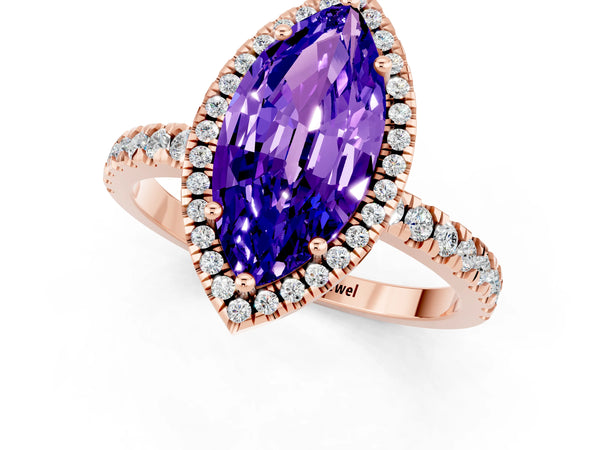 Rose gold Marquise Cut Tanzanite Classic Halo Engagement Ring with Round Pavé Band and Prong Setting