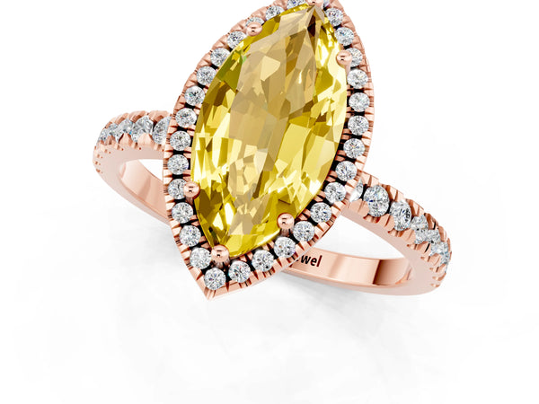 Rose gold Marquise Cut Yellow Sapphire Classic Halo Engagement Ring with Round Pavé Band and Prong Setting