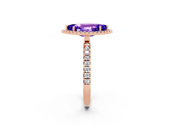 Rose gold Marquise Cut Tanzanite Classic Halo Engagement Ring with Round Pavé Band and Prong Setting