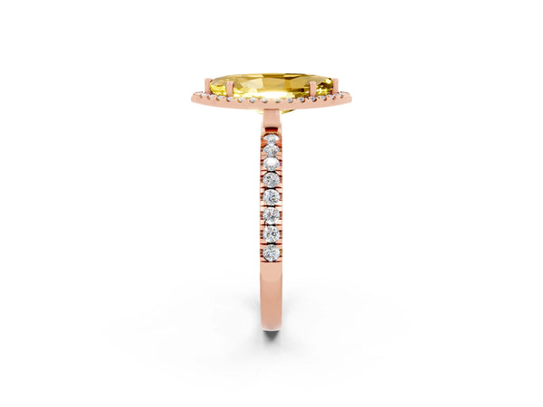 Rose gold Marquise Cut Yellow Sapphire Classic Halo Engagement Ring with Round Pavé Band and Prong Setting