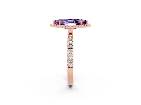 Rose gold Marquise Cut Amethyst Classic Halo Engagement Ring with Round Pavé Band and Prong Setting