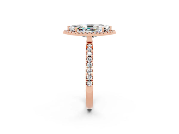 Rose gold Marquise Cut Moissanite Classic Halo Engagement Ring with Round Pavé Band and Prong Setting