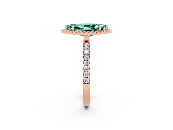 Rose gold Marquise Cut Green Sapphire Classic Halo Engagement Ring with Round Pavé Band and Prong Setting