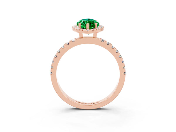 Rose gold Marquise Cut Emerald Classic Halo Engagement Ring with Round Pavé Band and Prong Setting