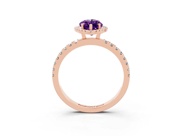 Rose gold Marquise Cut Amethyst Classic Halo Engagement Ring with Round Pavé Band and Prong Setting
