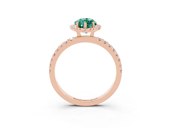 Rose gold Marquise Cut Green Sapphire Classic Halo Engagement Ring with Round Pavé Band and Prong Setting