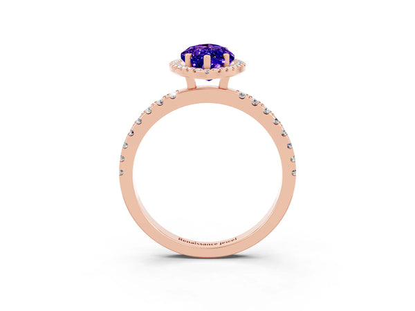 Rose gold Marquise Cut Tanzanite Classic Halo Engagement Ring with Round Pavé Band and Prong Setting