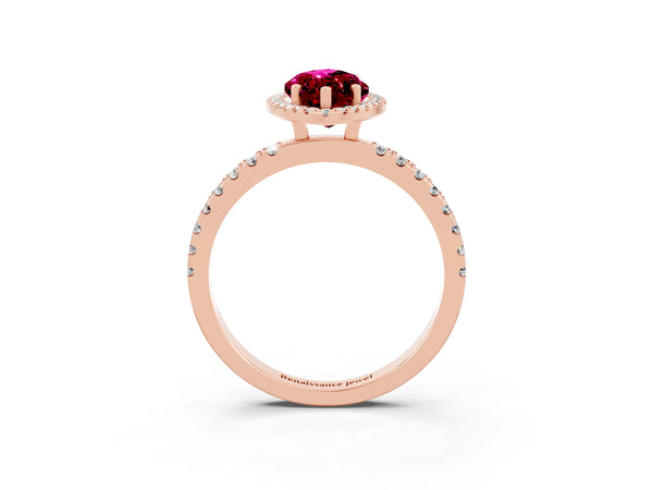 Rose gold Marquise Cut Garnet Classic Halo Engagement Ring with Round Pavé Band and Prong Setting