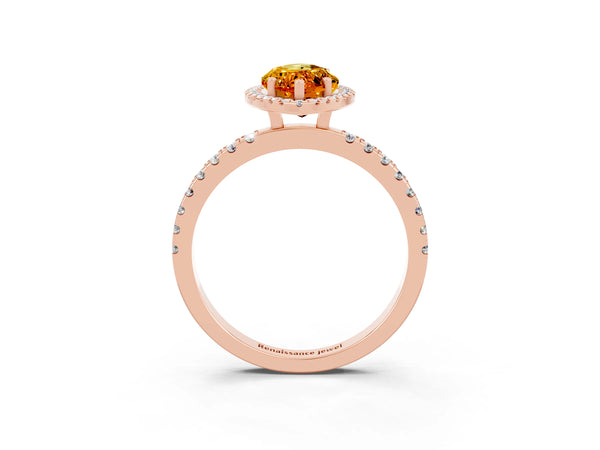 Rose gold Marquise Cut Citrine Classic Halo Engagement Ring with Round Pavé Band and Prong Setting