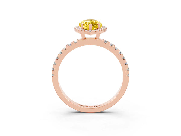 Rose gold Marquise Cut Yellow Sapphire Classic Halo Engagement Ring with Round Pavé Band and Prong Setting