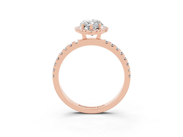 Rose gold Marquise Cut Moissanite Classic Halo Engagement Ring with Round Pavé Band and Prong Setting
