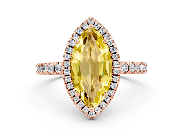 Rose gold Marquise Cut Yellow Sapphire Classic Halo Engagement Ring with Round Pavé Band and Prong Setting