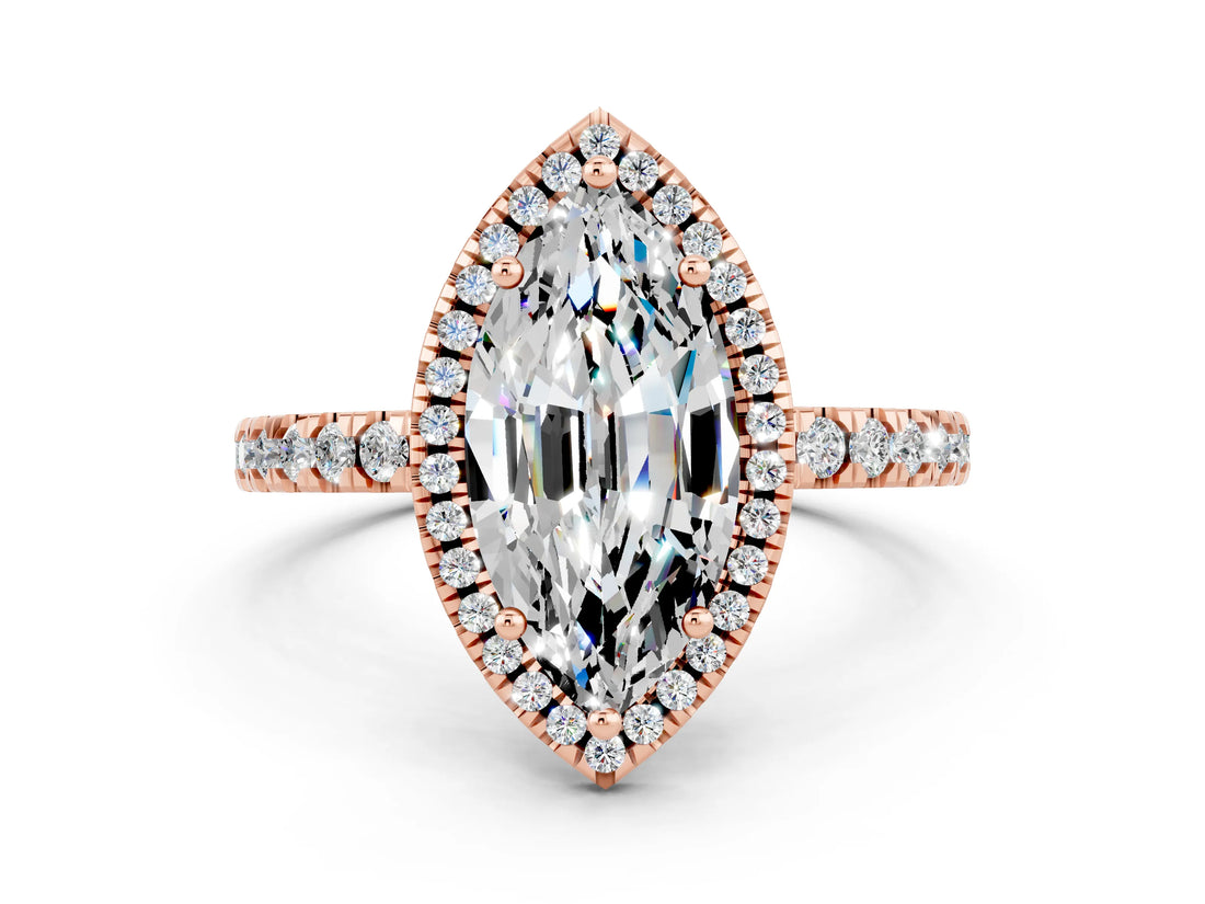Rose gold Marquise Cut Halo Diamond Pave Band with Prong Setting