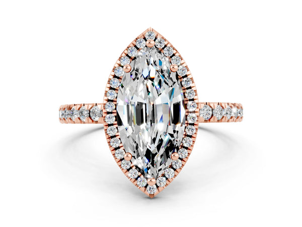 Rose gold Marquise Cut Moissanite Classic Halo Engagement Ring with Round Pavé Band and Prong Setting