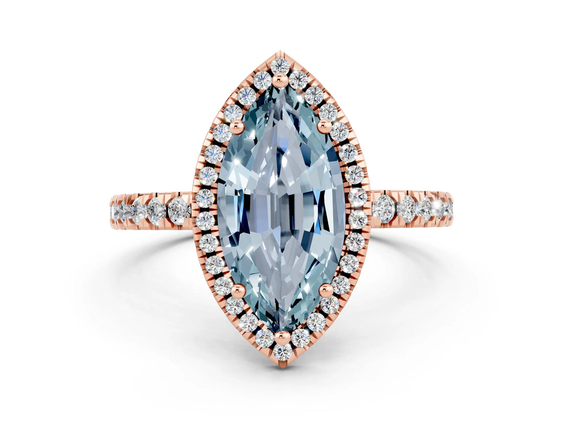 Rose gold Marquise Cut Halo Diamond Pave Band with Prong Setting