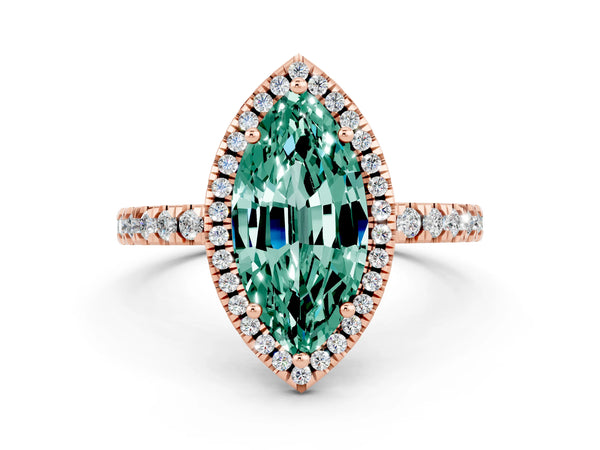 Rose gold Marquise Cut Green Sapphire Classic Halo Engagement Ring with Round Pavé Band and Prong Setting