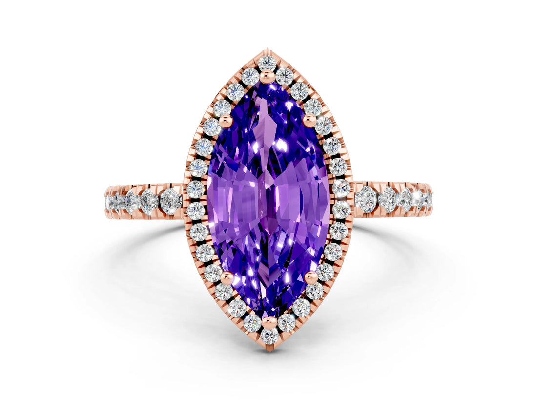 Rose gold Marquise Cut Halo Diamond Pave Band with Prong Setting