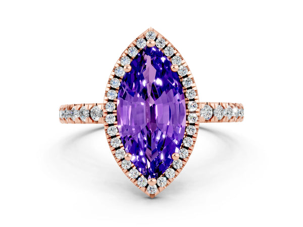 Rose gold Marquise Cut Tanzanite Classic Halo Engagement Ring with Round Pavé Band and Prong Setting