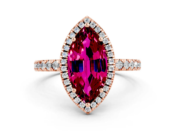Rose gold Marquise Cut Garnet Classic Halo Engagement Ring with Round Pavé Band and Prong Setting
