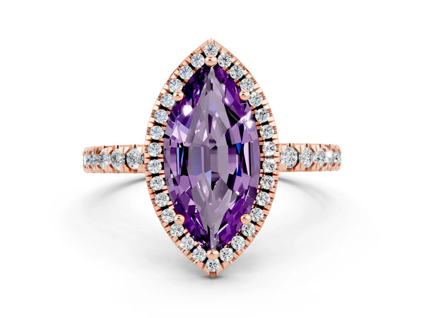 Rose gold Marquise Cut Amethyst Classic Halo Engagement Ring with Round Pavé Band and Prong Setting