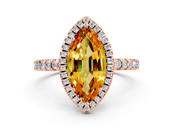 Rose gold Marquise Cut Citrine Classic Halo Engagement Ring with Round Pavé Band and Prong Setting