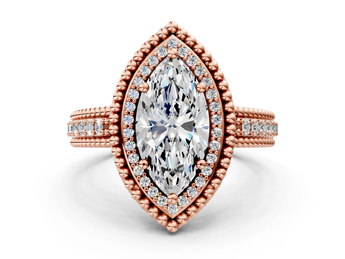 Rose gold Marquise Cut Halo Diamond Ring with Beaded Split Shank and Four-Prong Setting_9