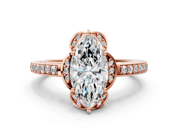 Rose Gold Marquise Floral Engagement Ring Setting with Petal Accents, Pave Band and Scroll Openwork