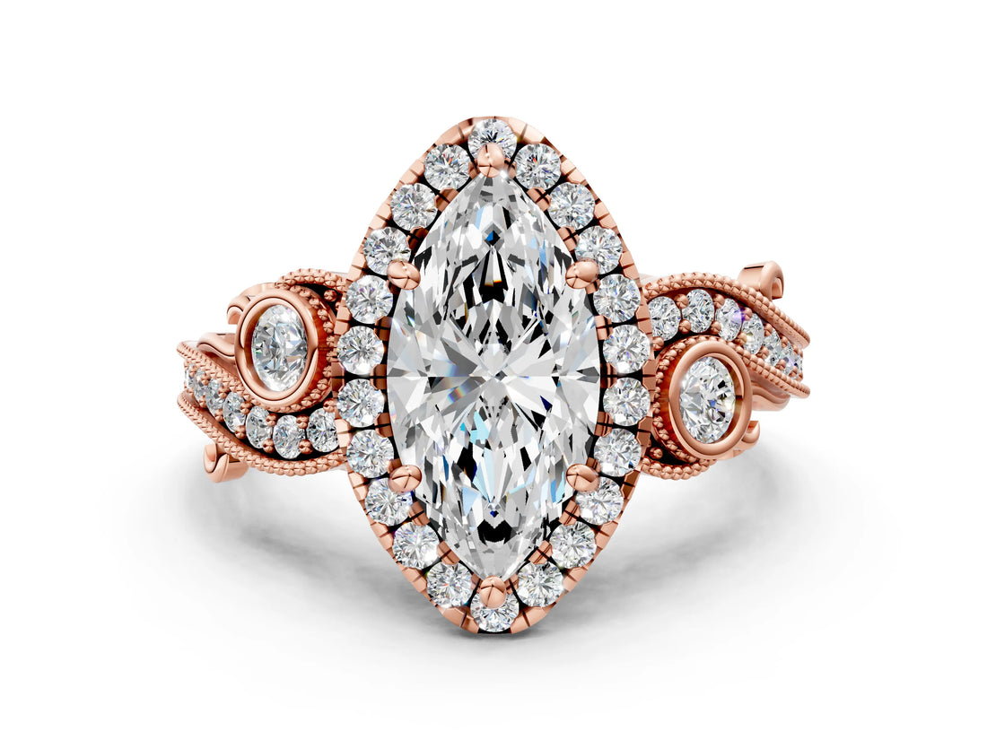 Rose gold Marquise Cut Halo Diamond Ring with Milgrain and Bezel Accents on a Split Shank Band_15