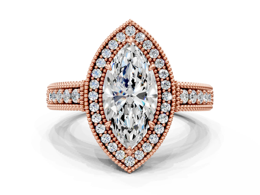 Rose gold Marquise Cut Halo Diamond Ring with Pavé Band and Four-Prong Setting_82