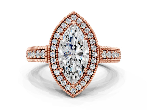 Rose gold Marquise Cut Halo Diamond Ring with Pavé Band and Four-Prong Setting