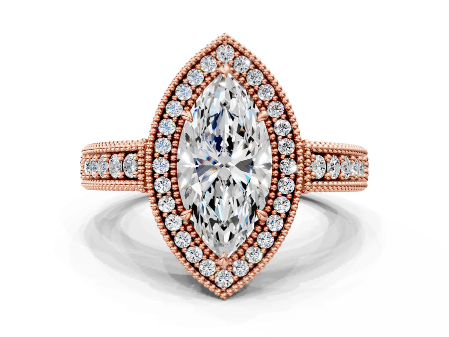 Rose gold Marquise Cut Halo Diamond Ring with Pavé Band and Four-Prong Setting