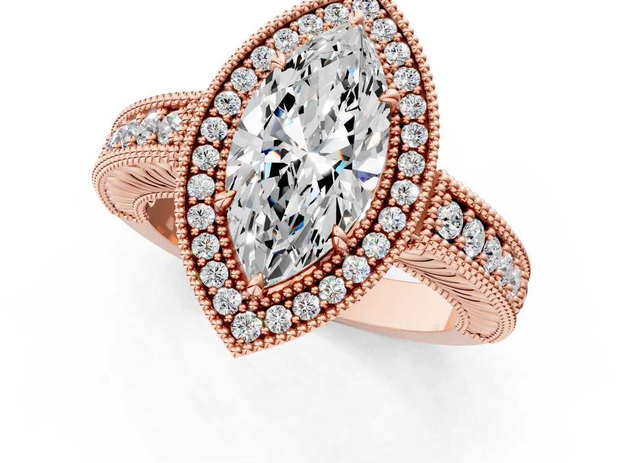 Rose gold Marquise Cut Halo Diamond Ring with Pavé Band and Four-Prong Setting