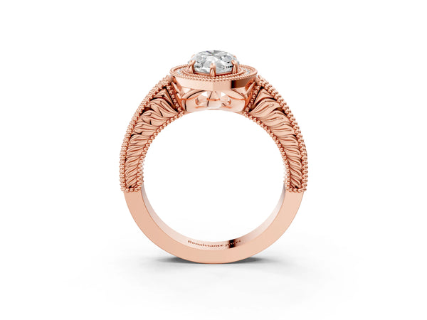 Rose gold Marquise Cut Halo Diamond Ring with Pavé Band and Four-Prong Setting