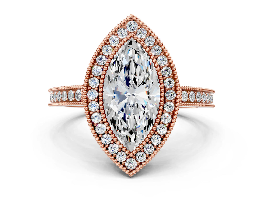 Rose gold Marquise Cut Halo Diamond Ring with Pavé Band and Milgrain Prong Setting_32