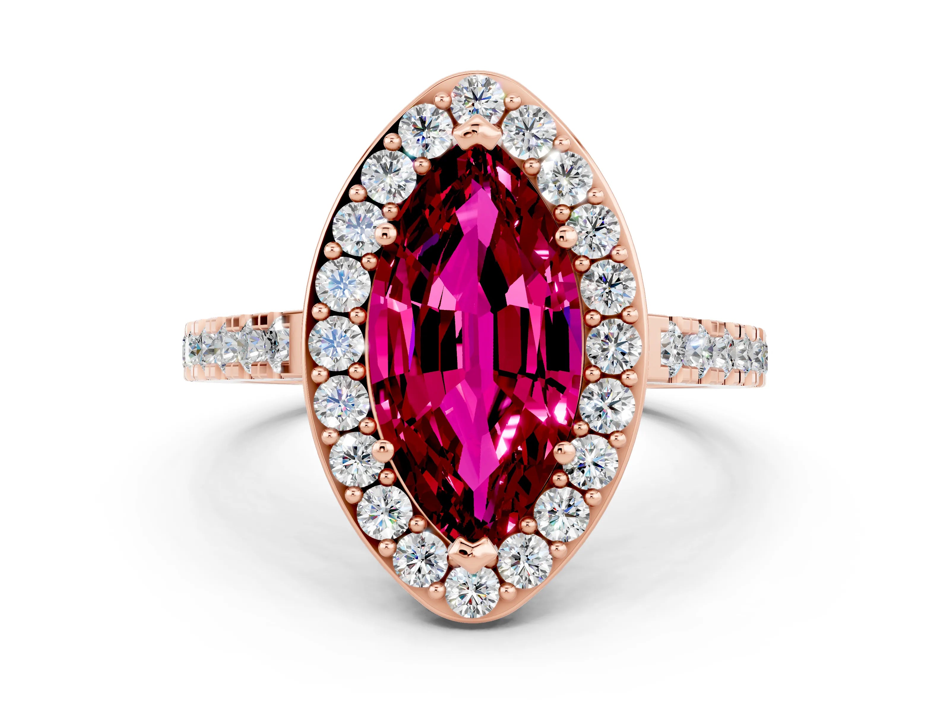 Rose gold Marquise Cut Halo Diamond Ring with Pavé Band and Three-Prong Setting
