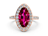Rose gold Marquise Cut Halo Diamond Ring with Pavé Band and Three-Prong Setting